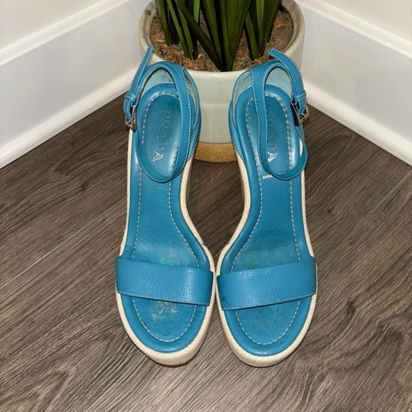 Prada Seahorse Wedge Platform Sandals Leather Green Blue - Picture 5 of 14